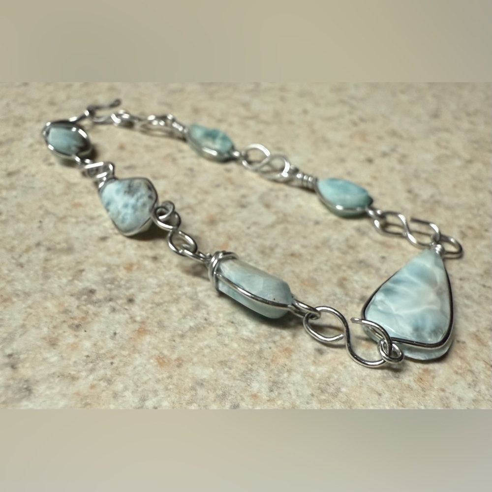 Genuine Larimar Stone Bracelet | Caribbean Blue Gemstone | Silver Wire Wrapped - Picture 2 of 4